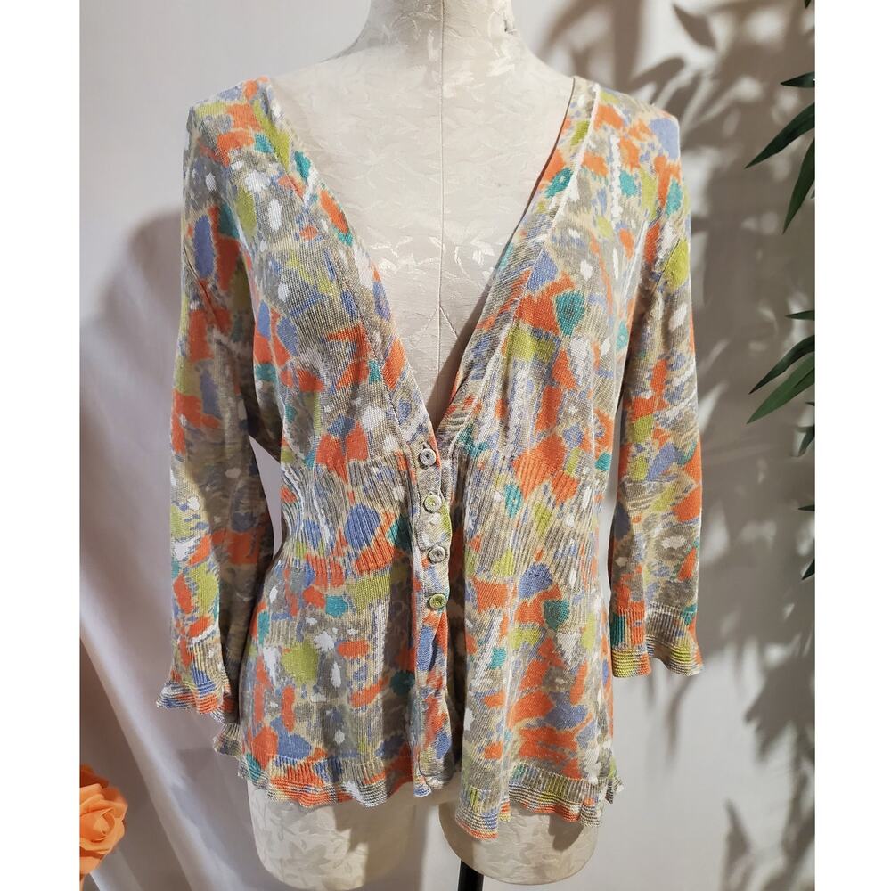 Nic + Zoe Linen Silk Abstract Button 3/4 Sleeve Rib Detail Cardigan Sweater XL